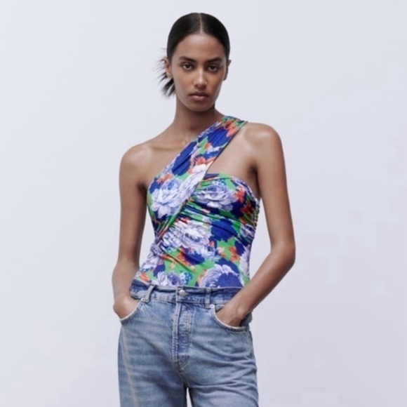 ZARA ONE SLEEVE FLORAL ASYMMETRIC BODYSUIT NWOT SMALL - Picture 5 of 7